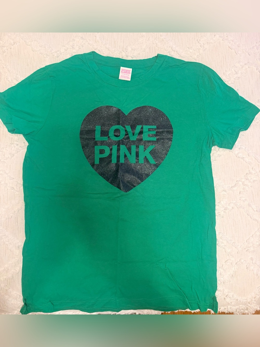 PINK Victoria's Secret Teal Green LOVE PINK Heart Tee